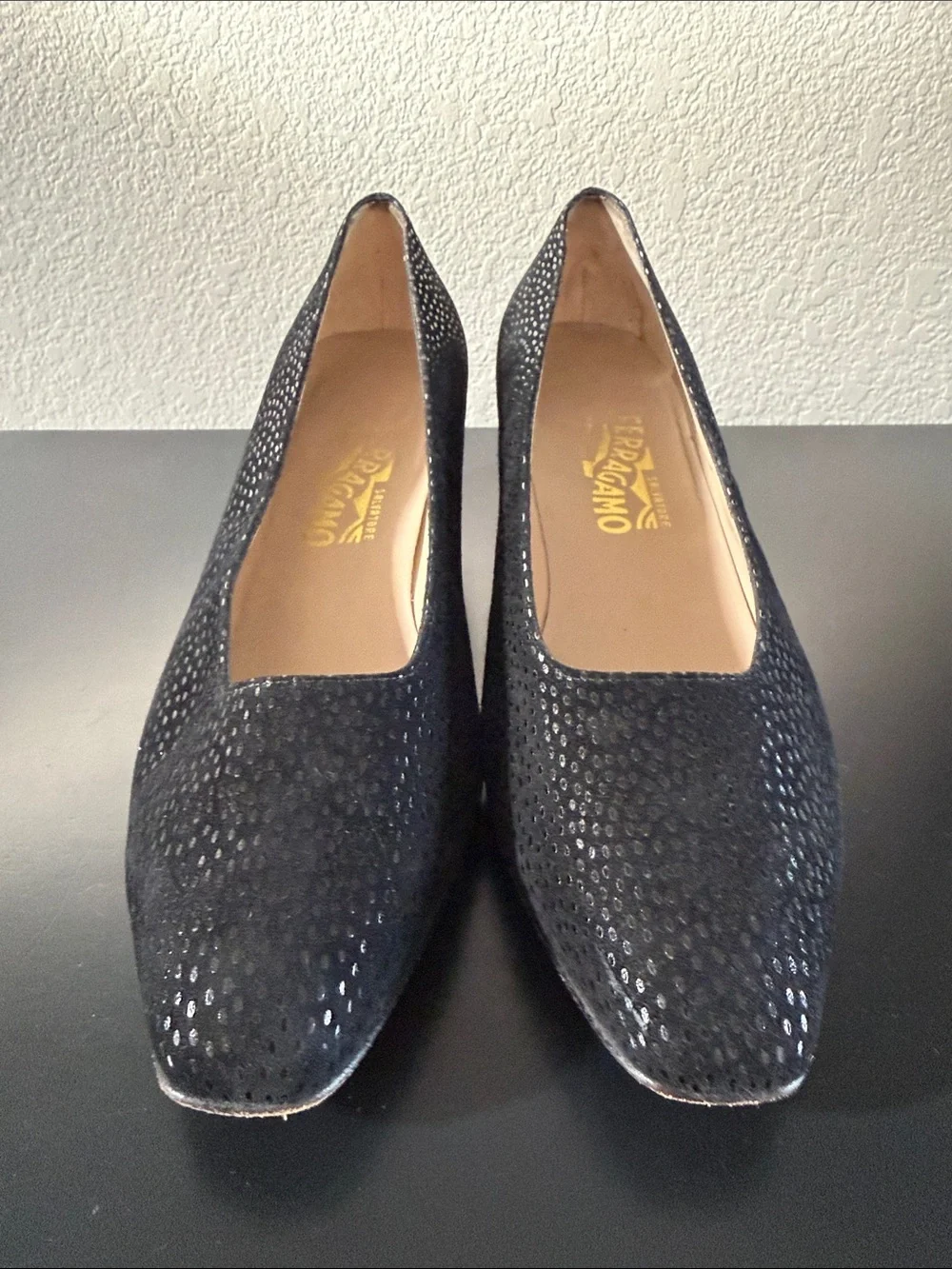 Salvatore Ferragamo Black Suede Pumps with Silver Dot Accents
